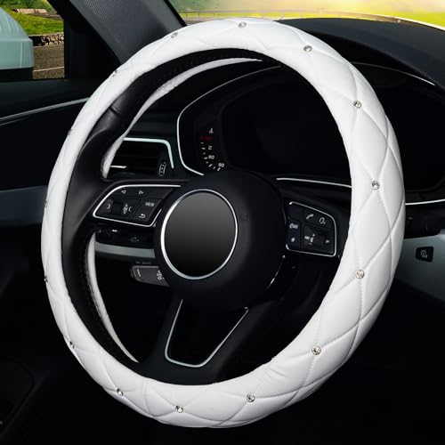 KAFEEK Diamond Soft Leather Steering Wheel Cover with Bling Bling Crystal Rhinestones, Universal 15 inch, Pure White - color: White, size: Medium(Standard) Size[14.5"-15"]