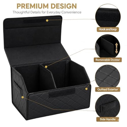 2Pack Leather Trunk Organizer for SUV & Sedans - Extra Large Foldable Car Storage Box with Lid, Adjustable Removable Dividers and Carry Handle, Collapsible Auto Cargo Organizer Black