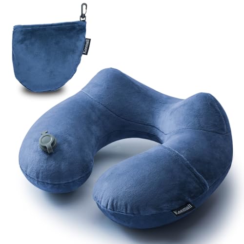 Keemall Inflatable Neck Pillow Airplane, Comfortable Inflatable Travel Neck Pillows for Airplanes Traveling on Plane, Soft Plush Cover Head Neck Rest Sleeping Long Flight for Car Train Office Home - color: Dark Blue, size: Medium
