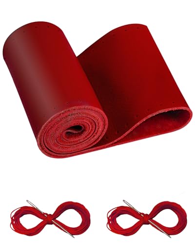 BELINOUS Leather Steering Wheel Cover Lace Up, Stitch on Steering Wheel Wrap, Universal Fit 13-20 Inch Car Truck Pickup Boat, A Whole Piece of Cowhide, DIY w/Needle Thread (Size L0, Red) - color: Red, size: L0
