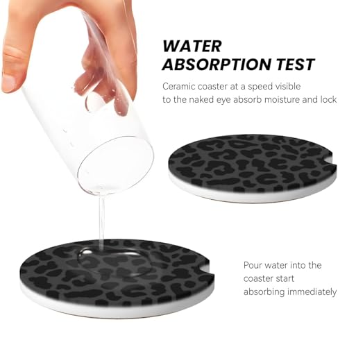 Black Leopard Cheetah Absorbent Ceramic Car Coasters for Cup Holders, 2.56" Anti Slip Insert Cup Coasters for Women Men (2 PCS) - color: Black Leopard Cheetah