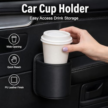 2 Pack Extra Cup Holder for Car, Clip-On Car Door Cup Holder Organizer, PU Leather Car Drink Holder for Small Bottle Coffee Cup Phone Keys Cards, Automotive Seat Pocket Storage, Black