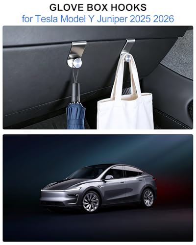 2PCS Metal Glove Box Hooks for Tesla Model Y Juniper Accessories 2025-2026 Stainless Steel Center Console Organizer Bag Holder Model Y Car Purse Storage Hook Clips Silver