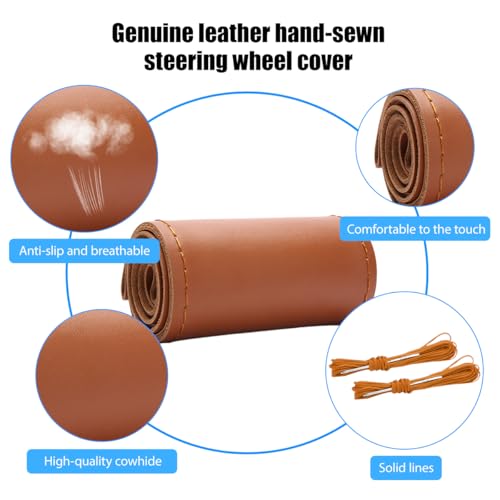 Genuine Leather Car Steering Wheel Cover, DIY Sewing Stitch on Wrap Auto Wheel Cover with Needle Thread, Breathable Anti-Slip Vehicle Steering Stitching Protector, Universal Fit (Brown/Glossy) - color: Brown/Glossy