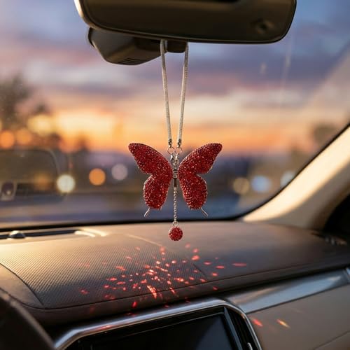 Butterfly Car Hanging Ornament Rhinestone Pendant Rearview Mirror Accessories Red Stainless Steel Car Interior Decoration