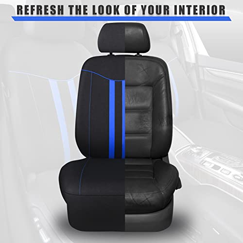 CAR-GRAND Universal Stylish Piping Cloth Car Seat Covers Full Set, Breathable and Washable Seat Covers with Air Compatible,3 Zipper Bench Design,Fit 90% Automotive,SUV,Truck,Sedan (Black-Blue Strips) - color: Black-Blue