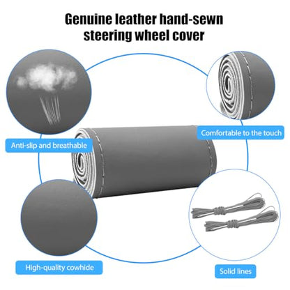 Genuine Leather Car Steering Wheel Cover, DIY Sewing Stitch on Wrap Auto Wheel Cover with Needle Thread, Breathable Anti-Slip Vehicle Steering Stitching Protector, Universal Fit (Gray/Glossy) - color: Gray/Glossy