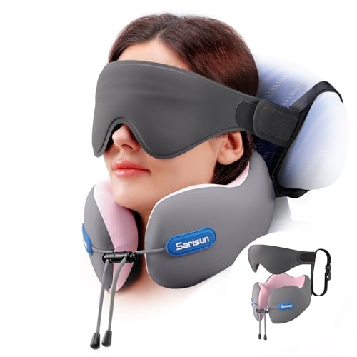 SARISUN Travel Pillow for Airplane,Neck Pillow with Strap,Combo 3D Eye Mask for Sleep,Dual-Density Supportive Foam Travel Neck Pillow for Airplane Flights,Car Road Trip Travel Essentials Pink - color: Grey&pink