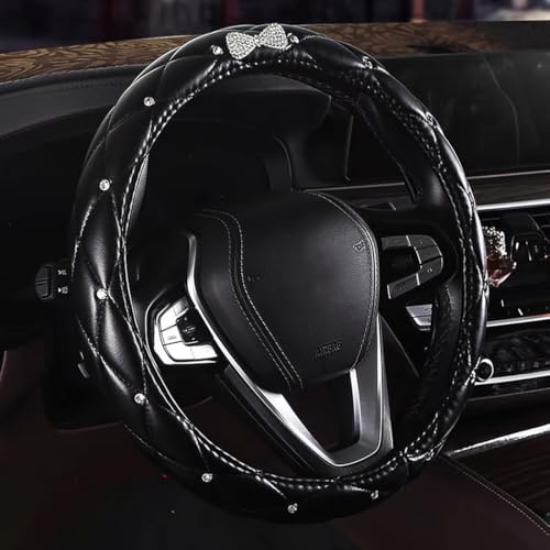 Leather Bling Steering Wheel Cover for Women Car Steering Wheel Protector Anti-Slip Universal Fit 14 1/2-15 inch-Black with Bow - color: Black with Bow