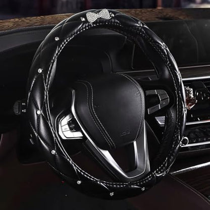 Leather Bling Steering Wheel Cover for Women Car Steering Wheel Protector Anti-Slip Universal Fit 14 1/2-15 inch-Black with Bow - color: Black with Bow