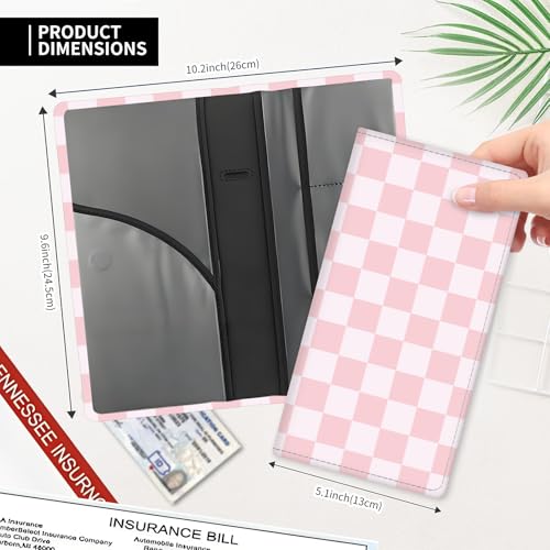 Leather Car Registration and Insurance Card Holder, Cute Car Accessories Vehicle Glove Box Car Organizer for Documents, Cards, License Cute Pink Checkerboard - color: Cute Pink Checkerboard