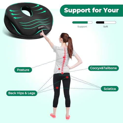 SAHEYER Donut Pillow for Tailbone Pain, Memory Foam Hemorrhoids Pillow for Sciatica Nerve, Sciatica Hip Coccyx Seat Cushion for Long Sitting Office Workers, Car Drivers, Black
