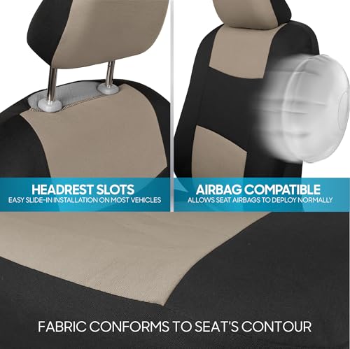 BDK PolyPro Car Seat Covers Full Set in Light Beige on Black, Front and Rear Split Bench Seat Covers for Cars, Easy to Install Car Seats Cover Set and Accessories for Auto Trucks Van SUV - Light Beige - color: Light Beige