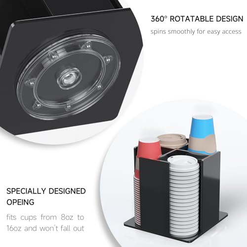Cup and Lid Holder, 4 Compartment, Square | Rotating Coffee Cup Dispenser Lid Carousel for Restaurant, Buffet, Coffee Station, Bar, Countertop, Black Acrylic