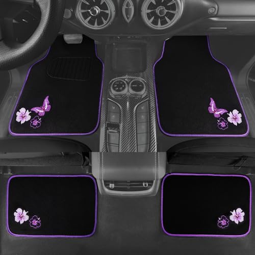 CAR PASS Embroidery Butterfly and Flower Car Floor Mats, Purple Car Floor Mats, Universal Fit 95% Automotive,SUVS,Sedan,Vans,for Women,Girly,Set of 4(Black with Purple) - color: Purple Butterfly and Flower