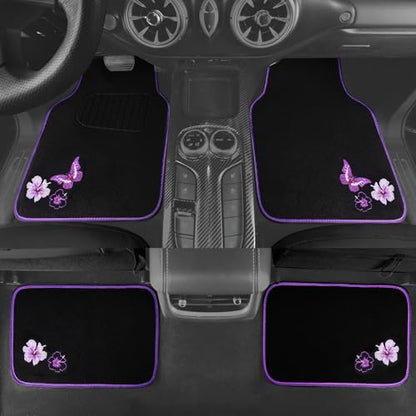 CAR PASS Embroidery Butterfly and Flower Car Floor Mats, Purple Car Floor Mats, Universal Fit 95% Automotive,SUVS,Sedan,Vans,for Women,Girly,Set of 4(Black with Purple) - color: Purple Butterfly and Flower