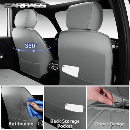 CAR PASS Luxury Nappa Leather Seat Covers Full Set, 3D Rhombus Waterproof Faux Leather Seat Covers, Universal Automotive Seat Cushion Fit for Most Sedan SUV Truck Van, Armrest Airbag Compatible Gray - color: gray