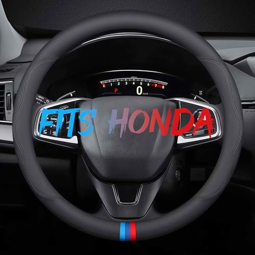 Leather Car Steering Wheel Cover, Tricolor Sporty Style, Breathable Laser-Perforated, Pure Black Double Lines, 14.5-15 Inch for Honda - color: Three-color mark - pure black, size: For Honda