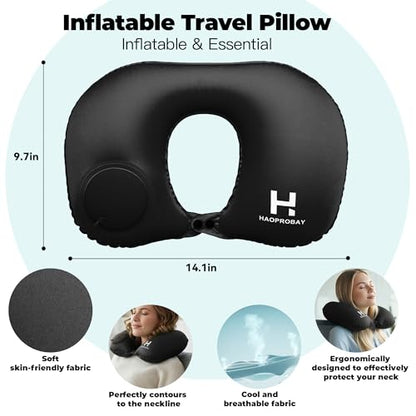 Travel Pillow and Lumbar Support Pillow Set 4 in 1 - Neck Pillow, lumbar Pillow, Eye Mask & Earplugs - Press-to-Inflate Design, 360° Breathable Support for Airplane, Car Travel, Office Nap (Black)