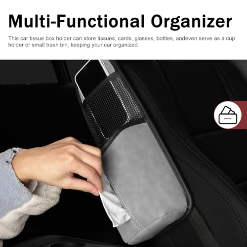 Car Hanging Tissue Holder, Strap-On Non-Slip Front and Back Seat Side Organizer with Mesh Net, Waterproof Leather Space Saving Car Cup Holder, Universal for Most Cars (Gray) - color: Gray