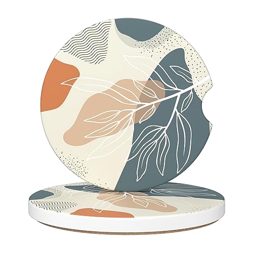 Car Cup Holder Coaster, Car Coasters for Cup Holders, 2 Pack Universal Anti Slip Insert Absorbent Ceramic Auto Interior Accessories with A Finger Notch & Cork Base, Abstract Boho Leaf - color: Abstract Boho Leaf