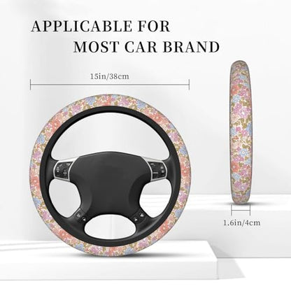 Pink Garden Plants Floral Neoprene Steering Wheel Cover Anti-Slip Elastic Steering Wheel Protective Cover 15in Universal Flower Car Accessories Fit Cars, SUVs, Auto - color: Pink Floral