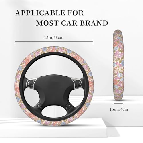 Pink Garden Plants Floral Neoprene Steering Wheel Cover Anti-Slip Elastic Steering Wheel Protective Cover 15in Universal Flower Car Accessories Fit Cars, SUVs, Auto - color: Pink Floral