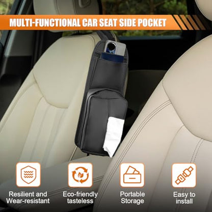 Car Seat Side Organizer, Waterproof Leather Car Tissue Holder, 2 in 1 Multifunctional Mesh Net Pocket for Phone Wallet, Universal Vehicle Hanging Storage Box for Cars, SUVs, Trucks (Black)