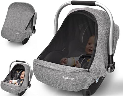 Baby Car Seat Cover, Large Mesh Window, Breathable Fabric, Infant Windproof Canopy, Universal Fit CarSeat Covers for Babies, Machine Washable, Gray