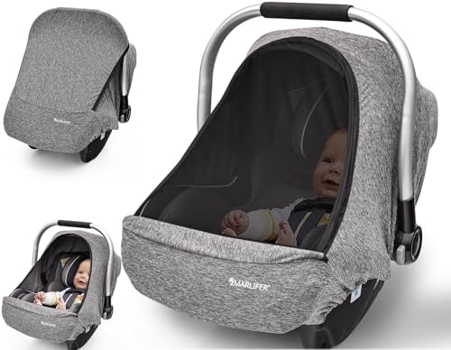 Baby Car Seat Cover, Large Mesh Window, Breathable Fabric, Infant Windproof Canopy, Universal Fit CarSeat Covers for Babies, Machine Washable, Gray