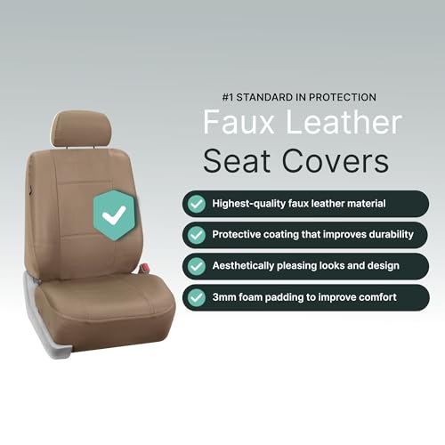 FH Group Front Set Faux Leather Car Seat Covers for Low Back Seat with Removable Headrest, Universal Fit, Easy to Clean Seat Covers for SUV, Sedan Van Tan - color: Tan, style: Front Set