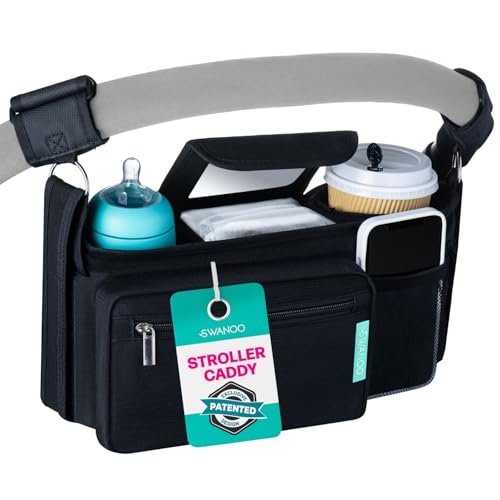 Swanoo Stroller Caddy Organizer With Cup Holder, Non Slip Straps Bag for Phone, Pet Stroller Accessories, Universal Fits Uppababby Vista v2 Wonderfold Wagon, Doona and More - color: Black