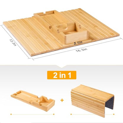 Bamboo Sofa Armrest Tray - Couch Arm Tray with Detachable Couch Cup Holder - 2 in 1 Anti-Slip Foldable Sofa Armchair Caddy Table for Drinks Cellphone TV Remote Snacks - color: Bamboo, size: 16.3" x 13.3" x 2"