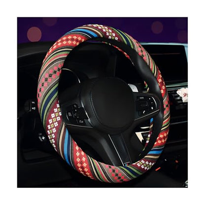 Boho Steering Wheel Cover, 15 Inch Coarse Flax Cloth Ethnic Style Anti-Slip Car Wheel Wrap, Universal Breathable Bohemian Steering Wheel Protector for Cars Vans Trucks (F) - color: F