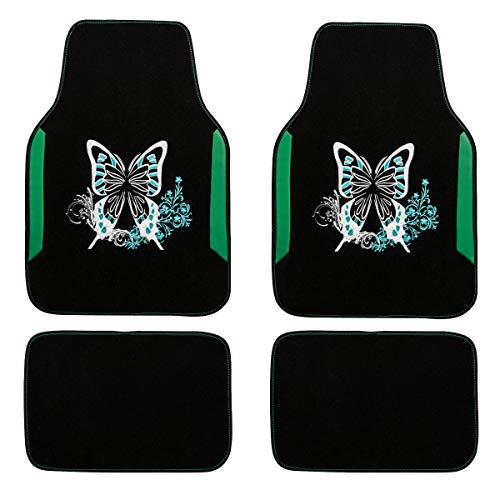 CAR PASS Embroidery Butterfly Car Floor Mats, Green Carpet Floor mats with Heel Pad, Universal Fit for Suvs,Sedans,Trucks,Cars, Set of 4 (Black and Green) - color: Green Butterfly