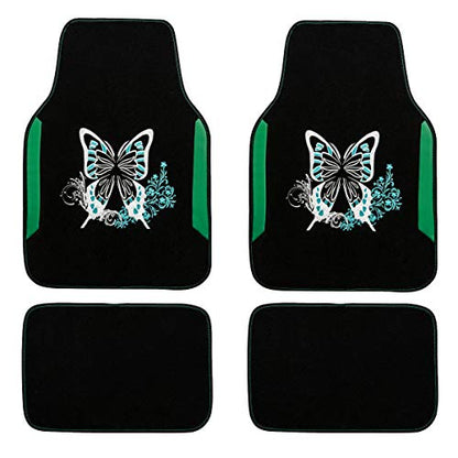 CAR PASS Embroidery Butterfly Car Floor Mats, Green Carpet Floor mats with Heel Pad, Universal Fit for Suvs,Sedans,Trucks,Cars, Set of 4 (Black and Green) - color: Green Butterfly