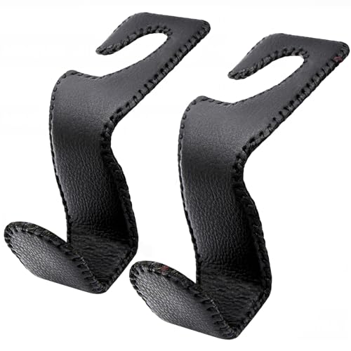 EldHus Headrest Hooks for Purses and Bags, 2 Pack Car Seat Hooks for Grocery Bag Handbag, Metal Car Purse Holder Covered by Leather, Black - color: Black, size: 2