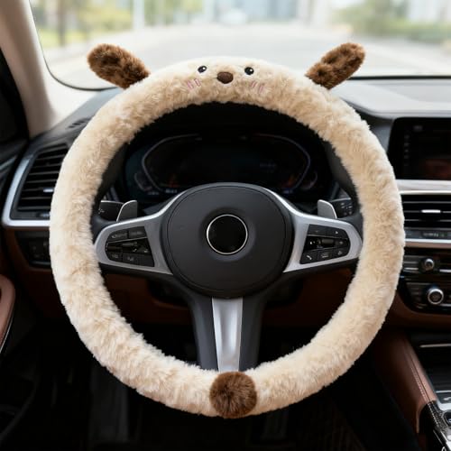 Soft Plush Fluffy Steering Wheel Cover for Women Girls, Universal 14.5-15 Inch Non-Slip Warm Winter Car Steering Wheel Protector, Stylish Cartoon Car Interior Decoration Accessories