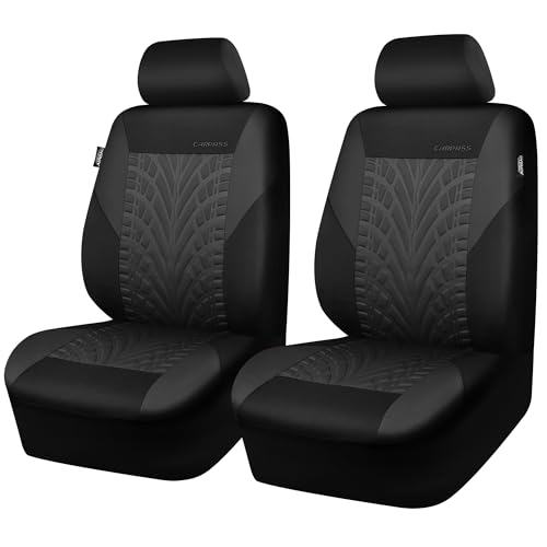 CAR PASS Emboss Tyre Front Seat Covers, Universal Fit Elastic Breath Premium Cloth seat Covers Front Seats only for Truck SUV Sedan, Airbag Compatible, Charcoal on Black - color: Black and Charcoal, size: Two Front