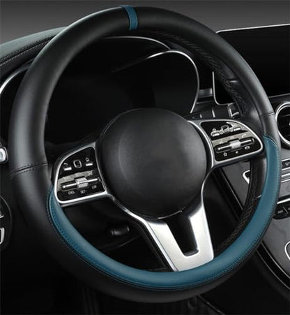 Morandi Color Steering Wheel Cover, Nappa Leather, Fashionable Sporty Style, Universal 15 inches,Black and Blue - color: Black and Blue