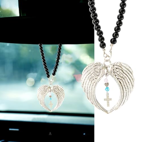 Rislobx Angel Cross Car Charm, Rear View Mirror Hanging Ornament, Metal Angel Wings Cross Pendant Car Mirror Hanger Decor for Lover Family Christian Gifts - color: Cross Wings