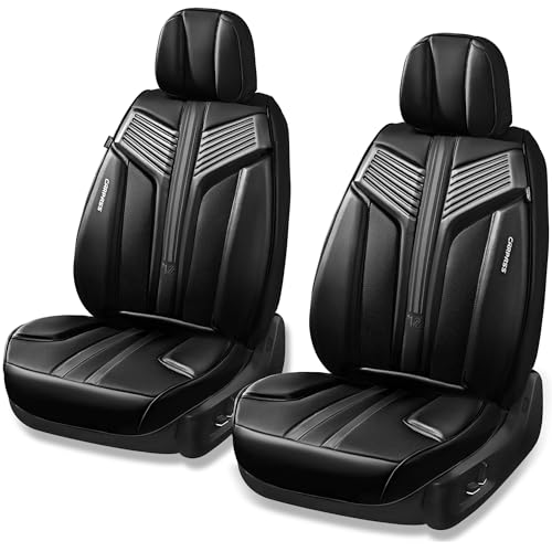 CAR PASS Nappa Leather Car Seat Covers Front Seats, Luxury Cushioned Front Seat Covers, Waterproof Drive Seats Anti-Slip Full Coverage Universal Fit for SUV Truck Sedan Automotive Black (2pcs, Black) - color: Black and Charcoal, size: Two Front Seats