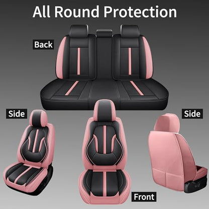 otoez Pink Car Seat Covers Full Set, 5 Seats Nappa Leather Seat Covers for Car, Breathable Automotive Front and Back Seat Protectors with Lumbar Support for Sedan SUV Truck Van, Black & Pink