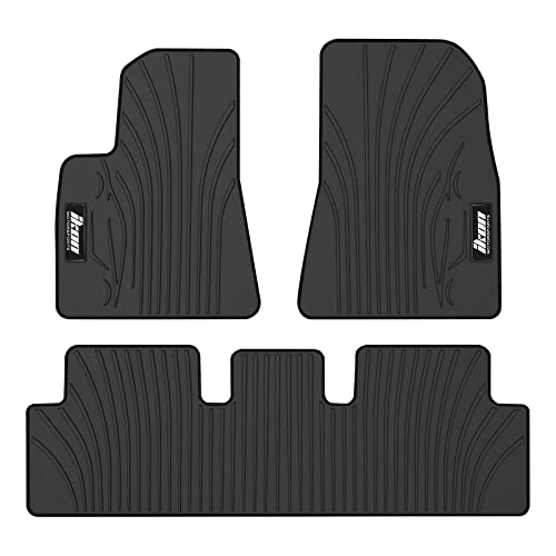 IKON MOTORSPORTS, Custom Fit Floor Mats Compatible with 2017-2023 Tesla Model 3, Latex Rubber Heavy Duty All Weather Car Front Rear Carpets Liner 3PC Black, 2018 2019 2020 2021 2022