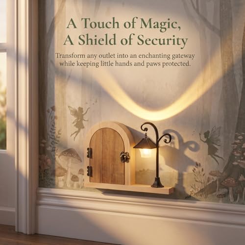 NUOBESTY Fairy Door Outlet Cover Plate Wooden Socket Protector with Glowing Night Light for Room Aesthetic Electrical Outlet Safety for Pets