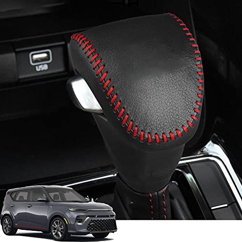 Great-luck Genuine Leather Automatic at Gear Shift Knob Cover Protector Trim,the car Interior Accessories(Red Stitches) For Carnival Forte（2019 2020 2021 2022 2023）Seltos Sorento Soul Telluride - color: Red Stitches