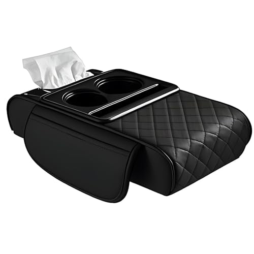 Car Center Console Organizer Armrest Storage Box with 2 Cup Holders-Universal 5-in-1 Leather Cushion Cover,Phone Slot & Tissue Holder for SUV/Sedan(Black)