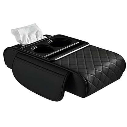 Car Center Console Organizer Armrest Storage Box with 2 Cup Holders-Universal 5-in-1 Leather Cushion Cover,Phone Slot & Tissue Holder for SUV/Sedan(Black)
