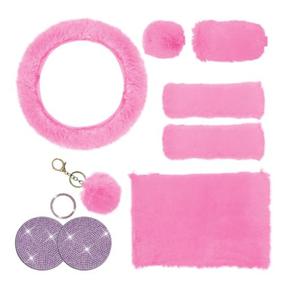 10PCS Fluffy Car Accessories Set, Furry Steering Wheel Cover with Warm Fuzzy Gear Shift Cover Ball Keychain Handbrake Cover Console Seat Belt Shoulder Pads & Diamond Ignition Ring Cup Mats (Pink) - color: Pink