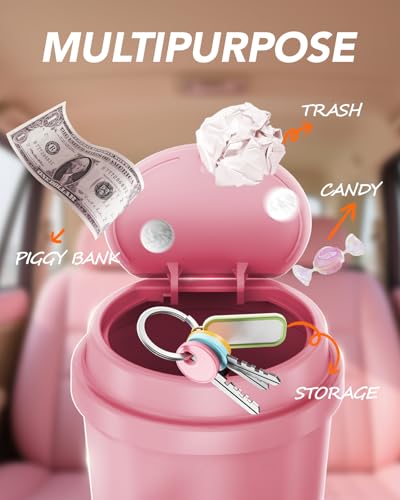 Pink Car Trash Can - Mini Leakproof Vehicle Trash Bin with Lid - Garbage Can for Car Cup Holder - Cute Passenger Princess Car Accessories - with 80 Pink Trash Bags